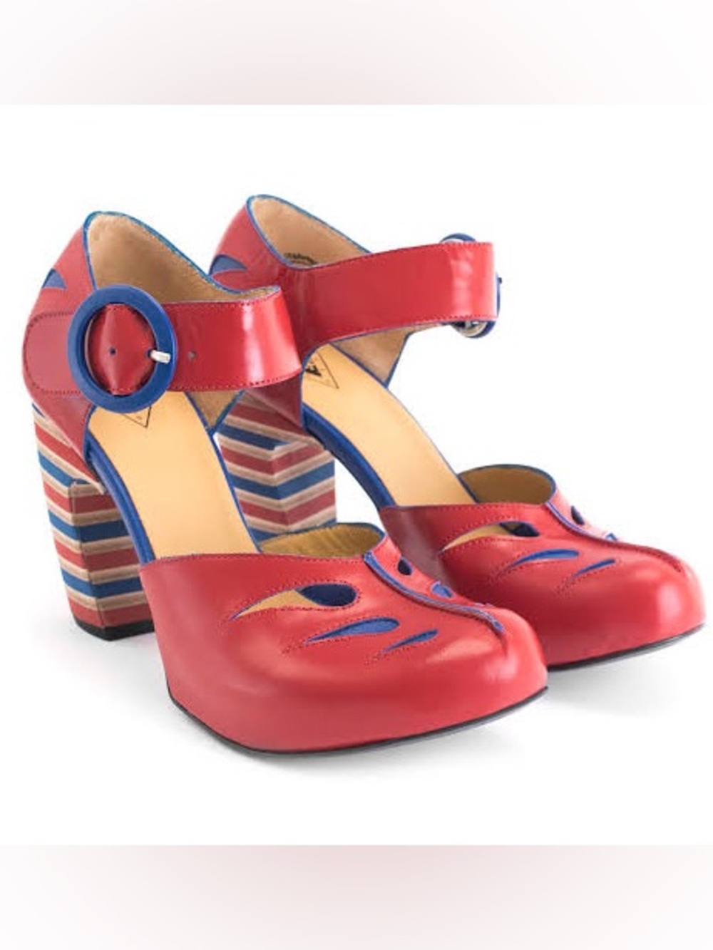 John Fluevog Red and Blue Mary Jane Block Heel Pumps